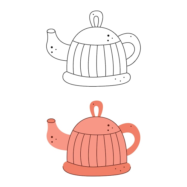 Pink teapot Black and white and color clipart vector illustration