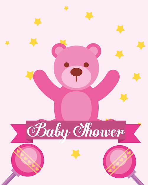 pink toy bear rattles baby shower invitation card 