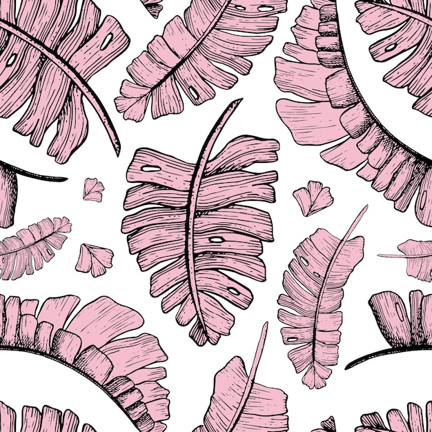 ピンクの熱帯パームの葉 ベクター ジャングル植物のシームレスなパターン 手描きのエキゾチックな自然