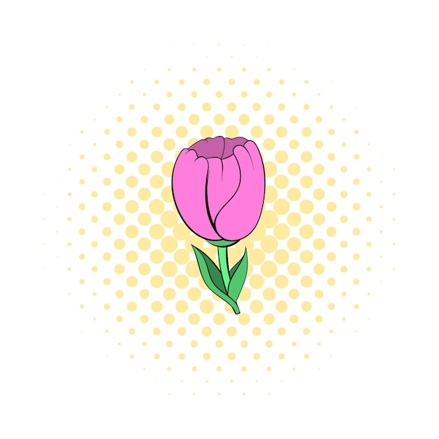Иконка розовый тюльпан в стиле комиксов на белом фоне
