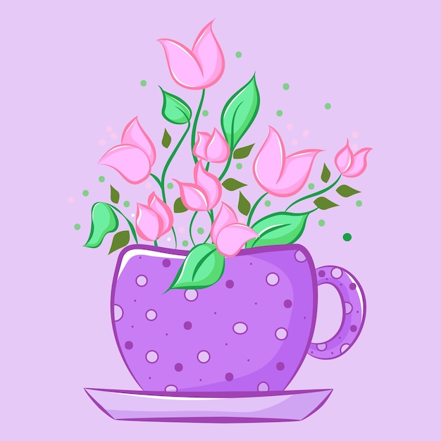 Вектор Розовые тюльпаны в фиолетовой чашке с точками