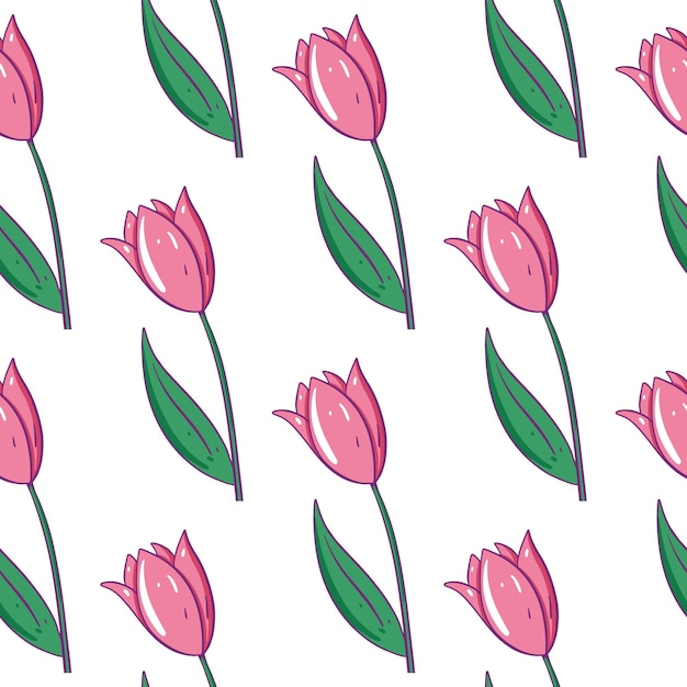 Modello senza cuciture di tulipani rosa. stile cartone animato con contorno. isolato.