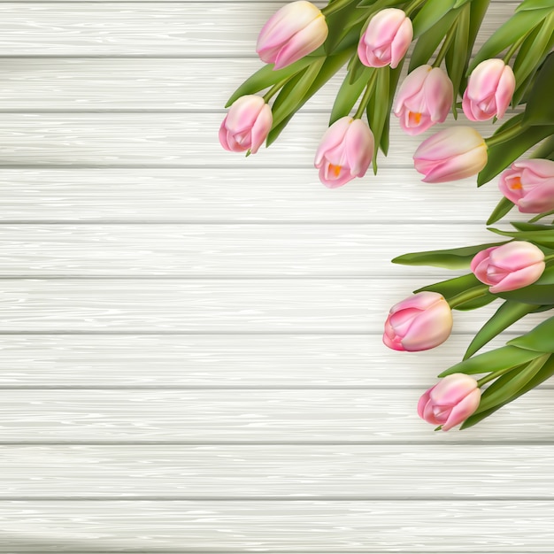 Vector pink tulips over white wood table.
