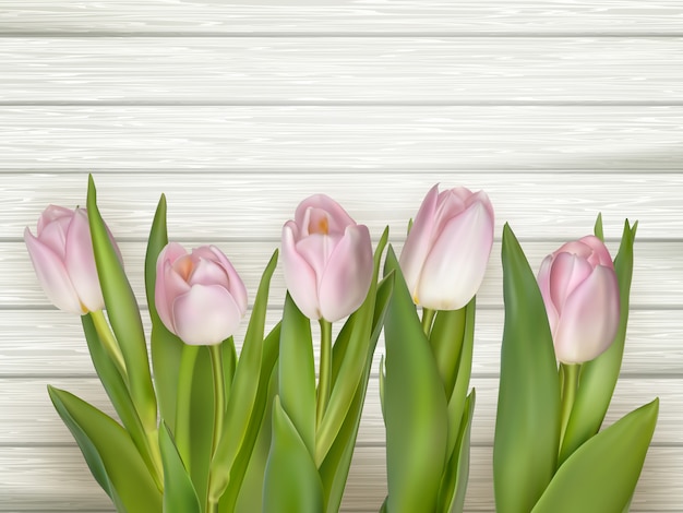 Pink tulips over white wood table.