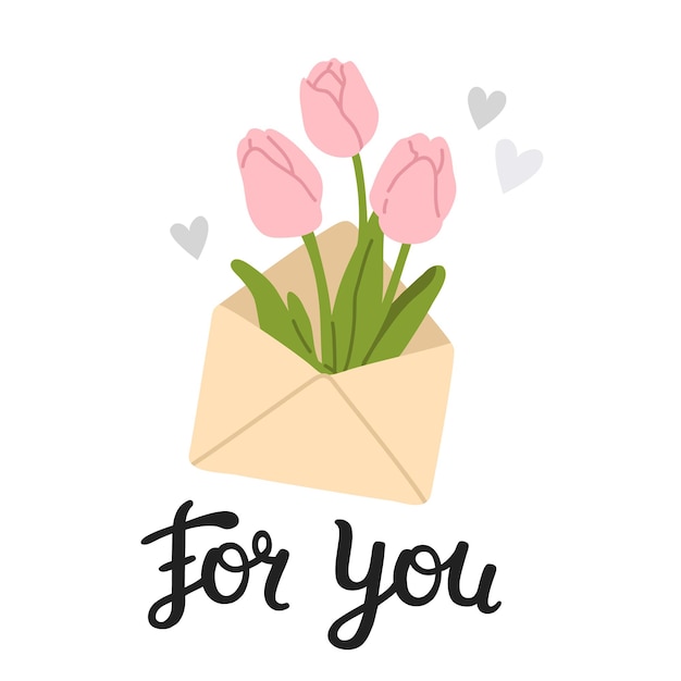 A pink tulips in a yellow envelope with the words for you on it