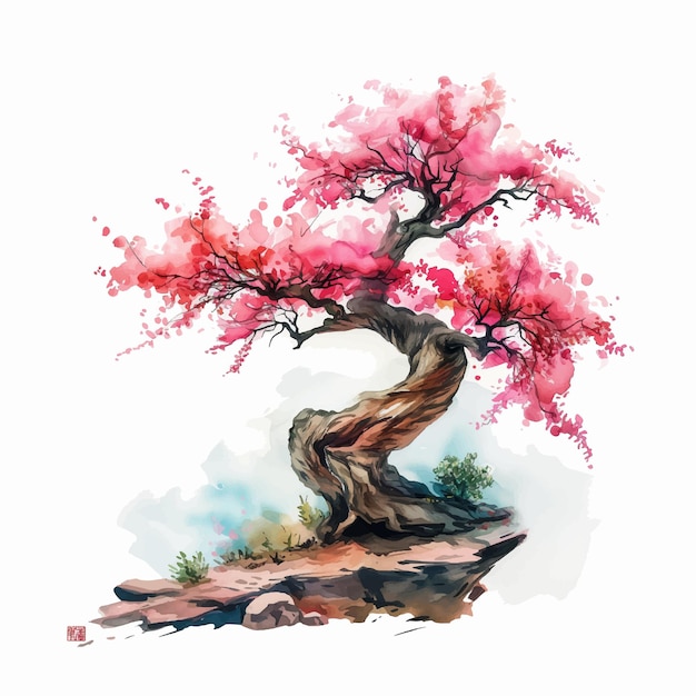 Vector pink twisted bonsai tree watercolor paint