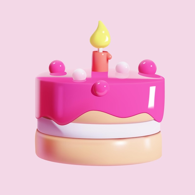 Pink twolayer birthday cake and one burning candle 3d icon vector illustration