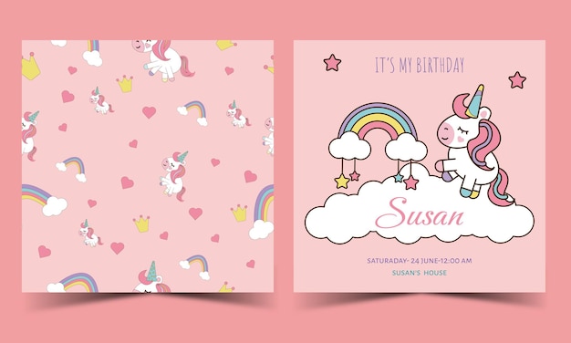 Pink unicorn card invitation with cute seamless unicorn pattern in vector illustration