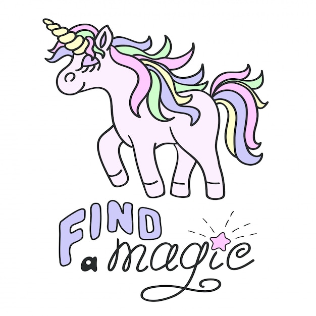 Vector pink unicorn and find a magic lettering