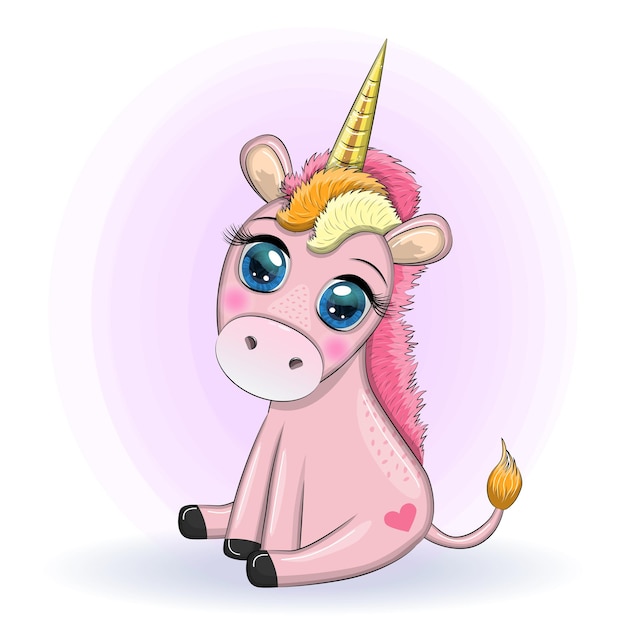 Pink unicorn pony sitting Cute baby card baby girl with big eyes