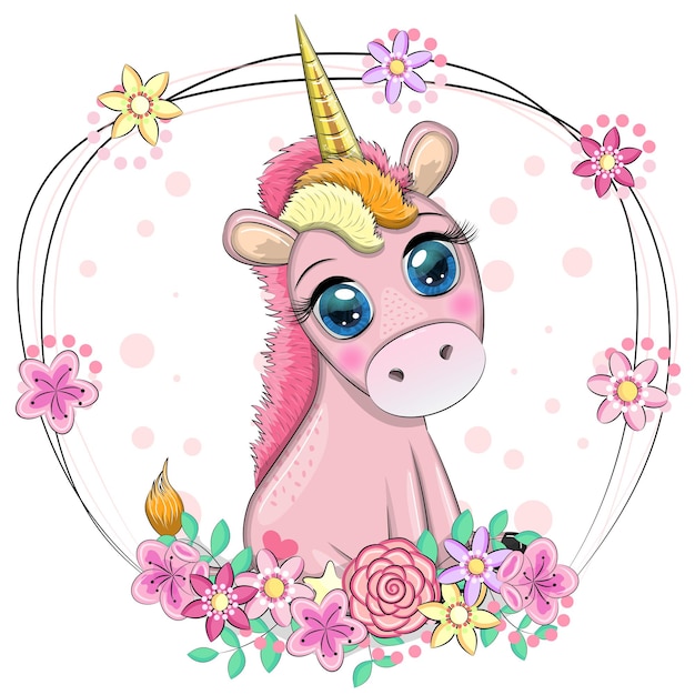 Pink unicorn pony sitting Cute baby card baby girl with big eyes