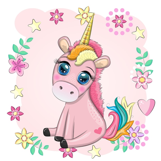 Pink unicorn pony sitting Cute baby card baby girl with big eyes