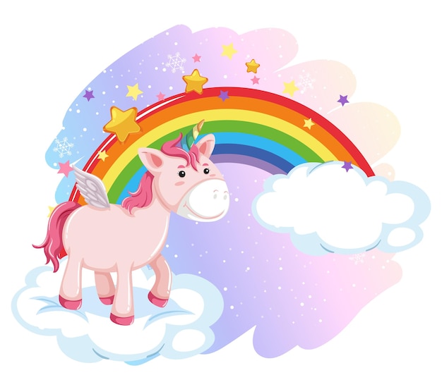 Vector pink unicorn standing on cloud with rainbow