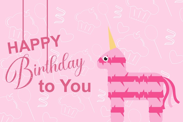 A pink unicorn with the words happy birthday to you on a pink background.