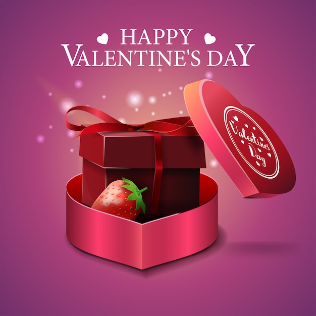 Pink Valentine's Day greeting card with gift and strawberry