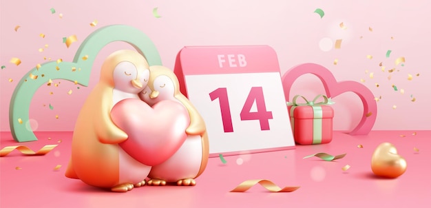 Pink Valentine with loving penguins