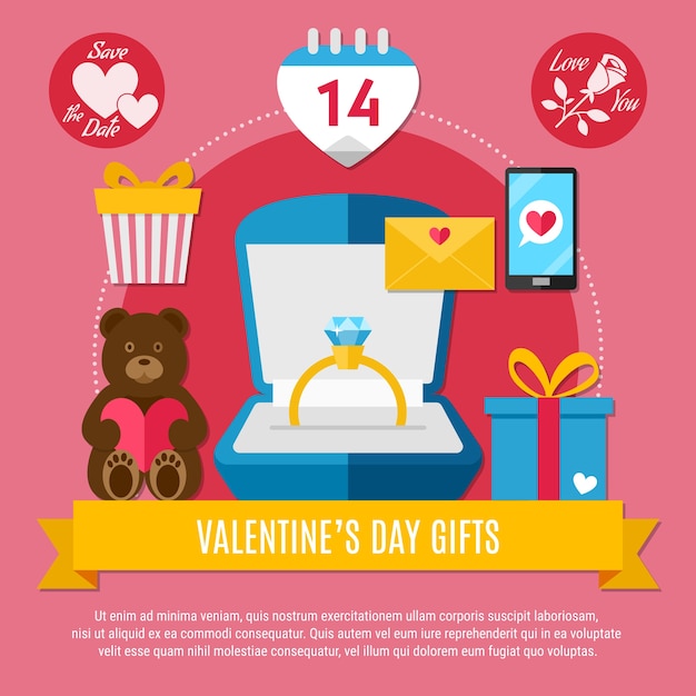 Pink valentines day composition with holiday gift ring bear sms letter and surprise