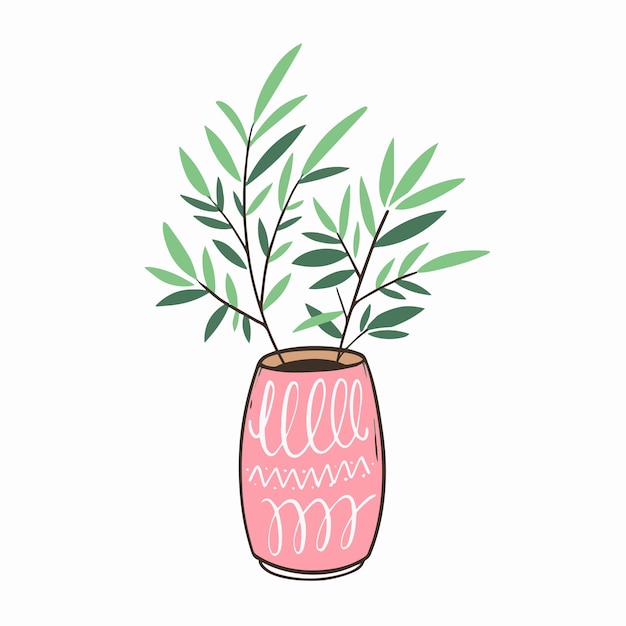 A pink vase with a green plant in it