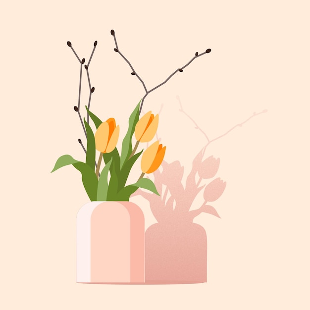 Розовая ваза с тюльпанами и веткой Плоская векторная иллюстрация