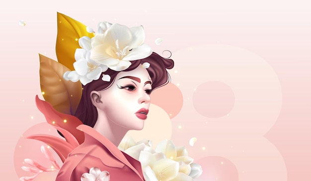 Vector pink vector hand painted illustration of flowers and girls