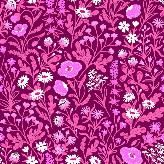 PINK VECTOR SEAMLESS BACKGROUND WITH A VARIETY OF WILDFLOWERS