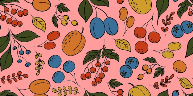 Vector pink vector seamless pattern with colorful fruits and berries