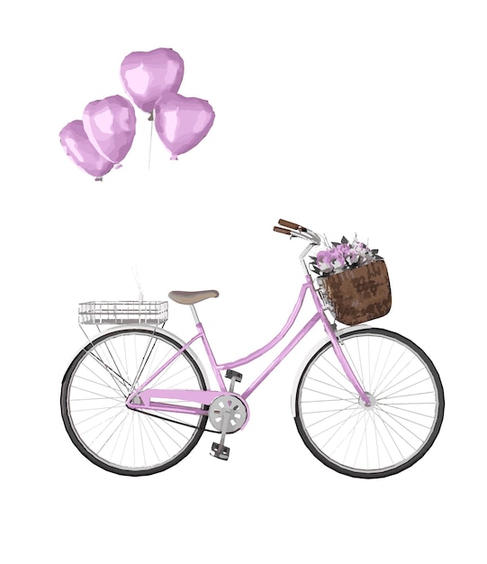 바구니에 꽃이 있는 분홍색 빈티지 자전거와 요소 장식을 위한 풍선 하트 모양 디자인