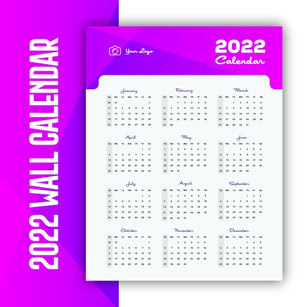 Vector pink to violet gradient shining effect style 2022 minimal wall calendar and planner