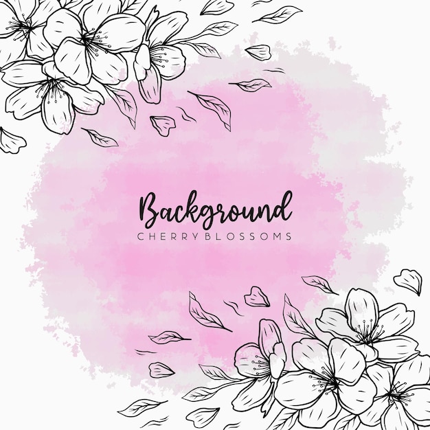 Pink watercolor background and cherry blossoms in line art style