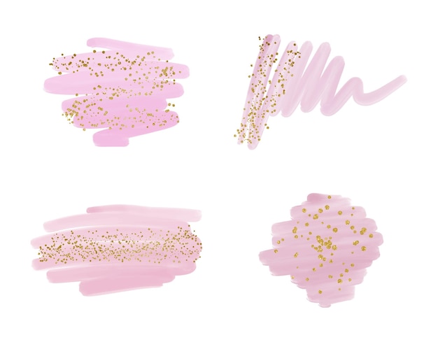 Pink watercolor brush stroke splashes with golden glitter confetti