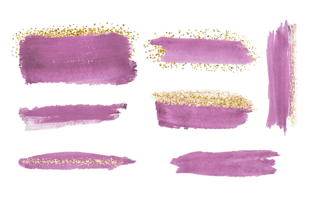 Pink watercolor brush stroke with gold glitter texture, confetti.