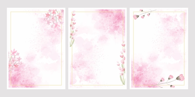 Pink watercolor flower splash background with golden frame collection  for wedding or birthday invitation card 
