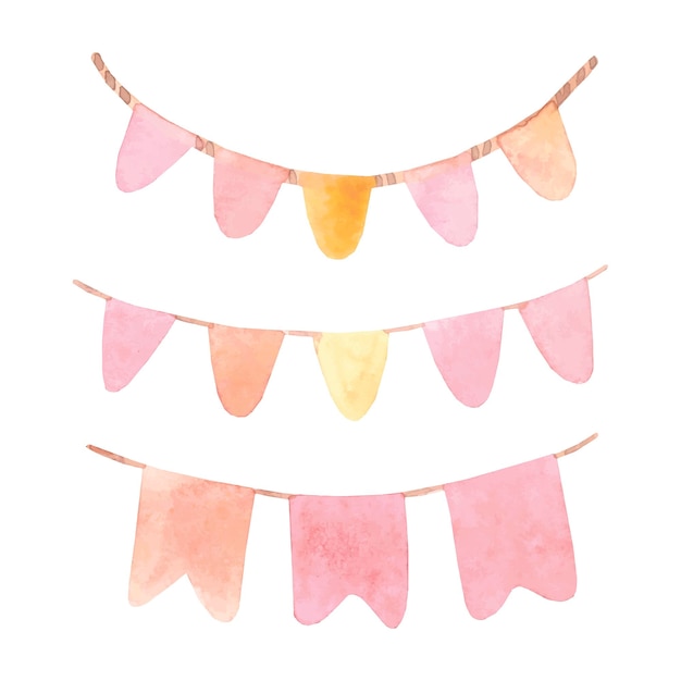 Pink watercolor garland and flags it's a girl set vector illustration