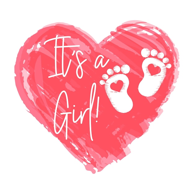 Pink watercolor heart with baby footprints and the words It's a girl! Newborn baby icon, symbol, pri