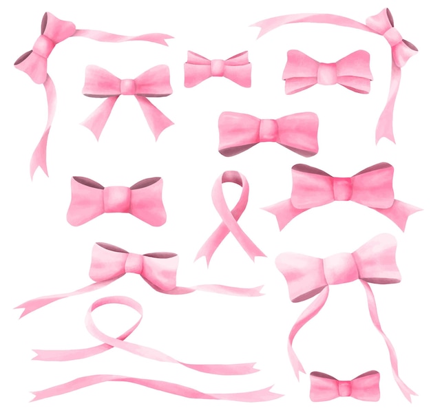 Pink watercolor ribbon bow vector collection