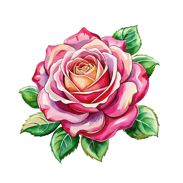 Vector pink watercolor rose flower with green leaves on white