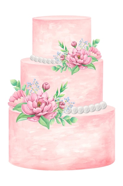 Вектор Розовый свадебный торт в три яруса украшен пионами акварельная иллюстрация на белом фоне