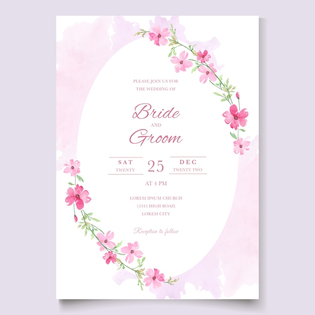 pink wedding card with floral watercolor template