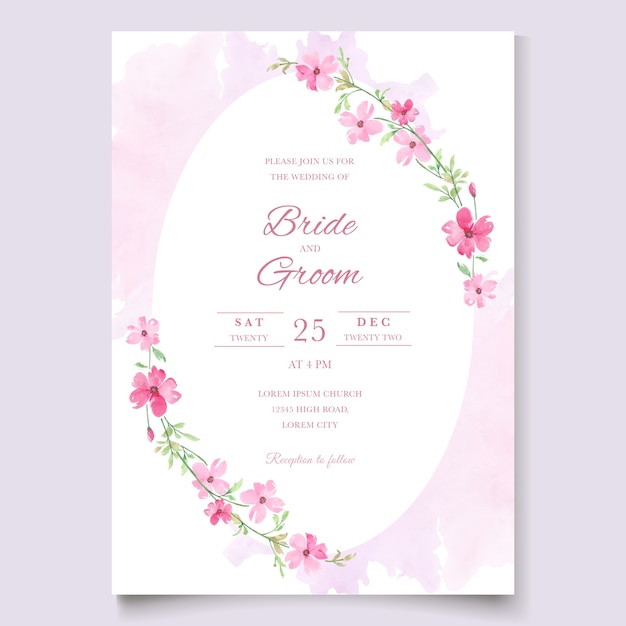 Vector pink wedding card with floral watercolor template