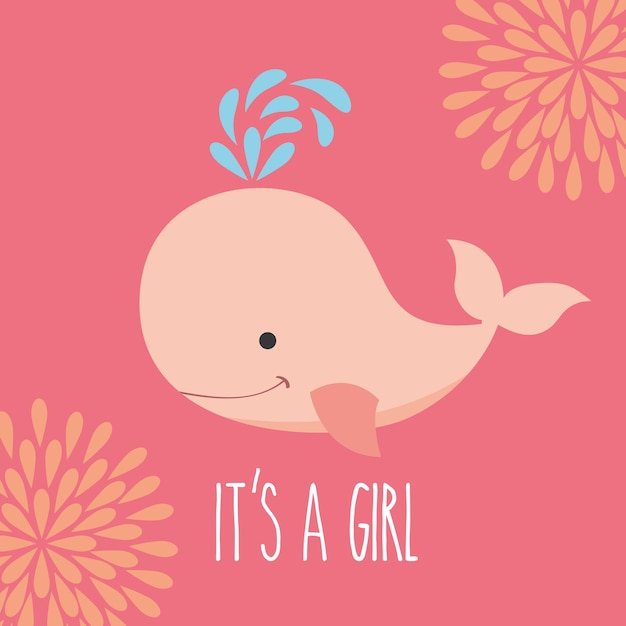Pink whale its a girl flowers greeting card