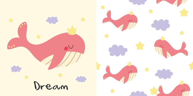 A pink whale with a crown on it and the words dream ram on the bottom.