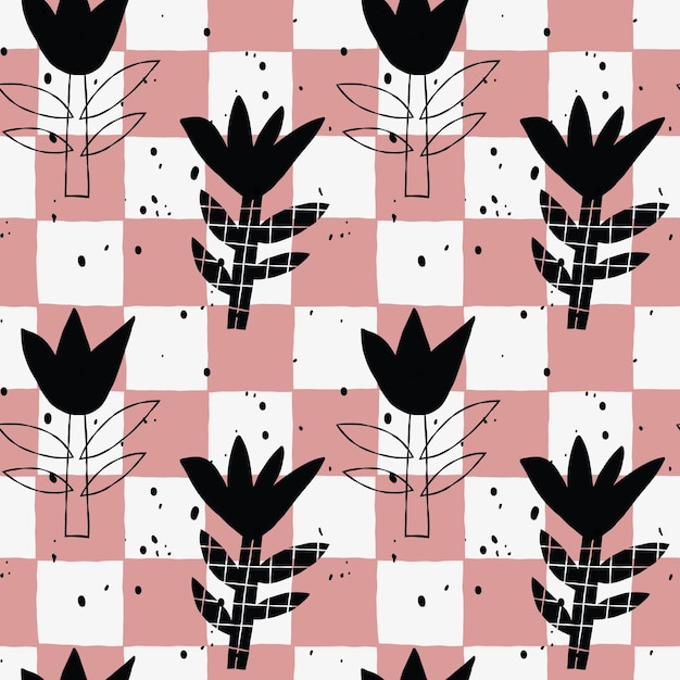 A pink and white checkered background with black and white tulips.