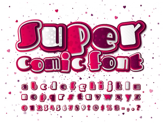 Pink and white comics font. Cartoonish alphabet with patterns of stars and hearts