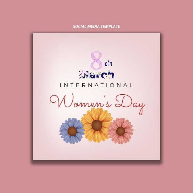 A pink and white poster for women's day with flowers