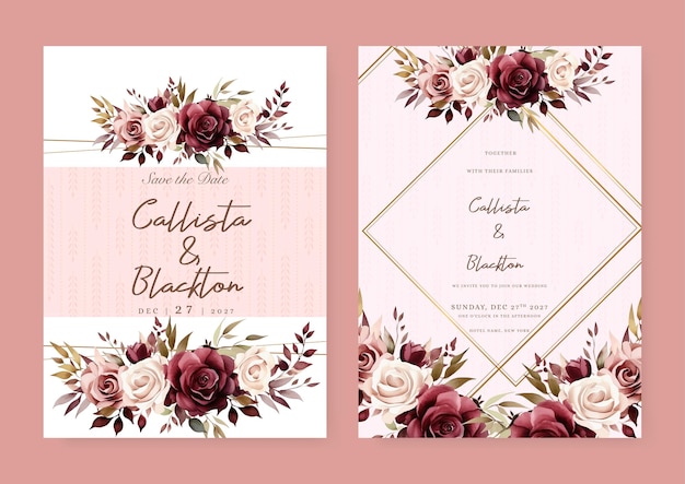 Vector pink white and red rose elegant wedding invitation card template with watercolor floral and leaves