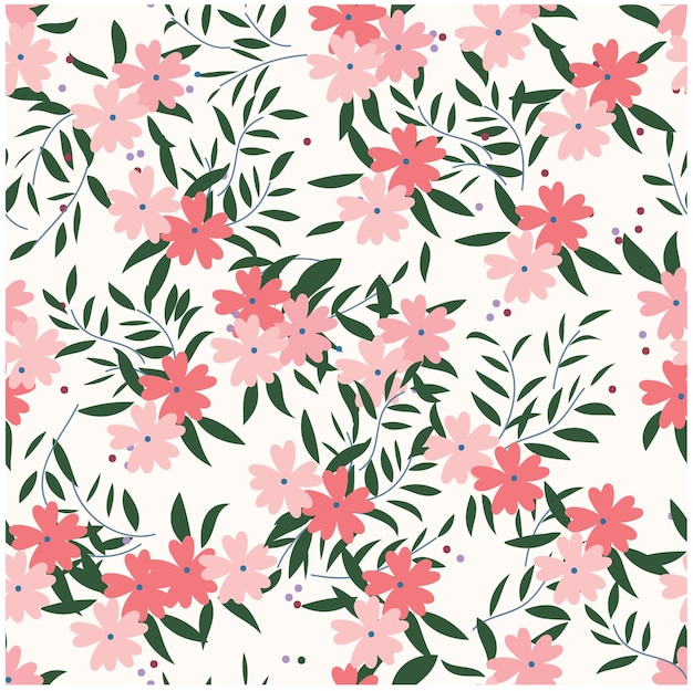 Pink wild floral flower and leaf seamless pattern