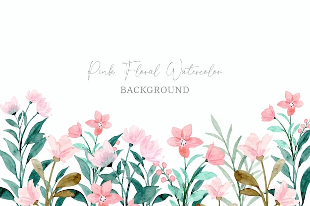 Pink wild floral watercolor background with green leaves