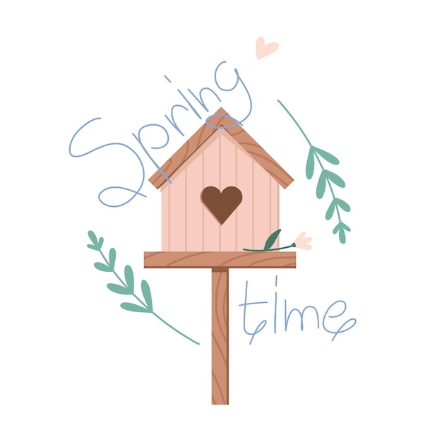 Pink wooden birdhouse in flowers with lettering Spring time, plant twigs and flowers