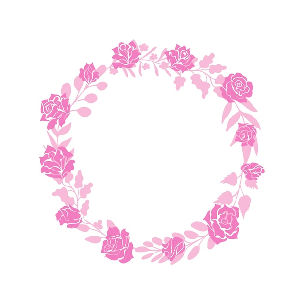 Pink wreath made of rose flowers and buds leaves and twigs Floral decor vignette modern silhouette