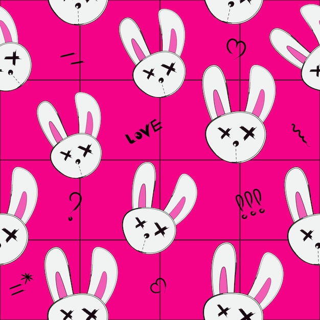 pink y2k seamless pattern with emo bunnies and grid